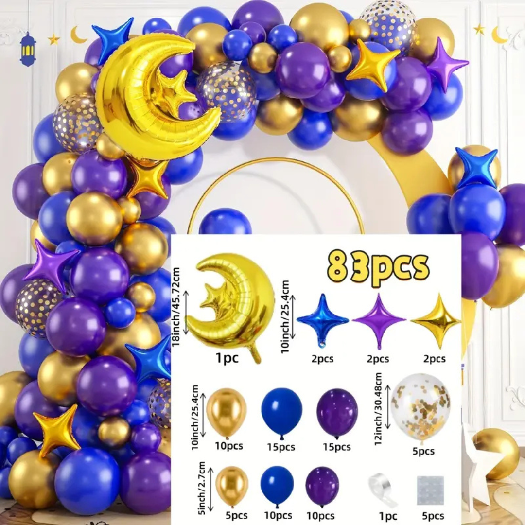 LA LUSH 83 Pcs Ramadan & Eid Balloon Decoration Set – Crescent & Star Foils - Image 2