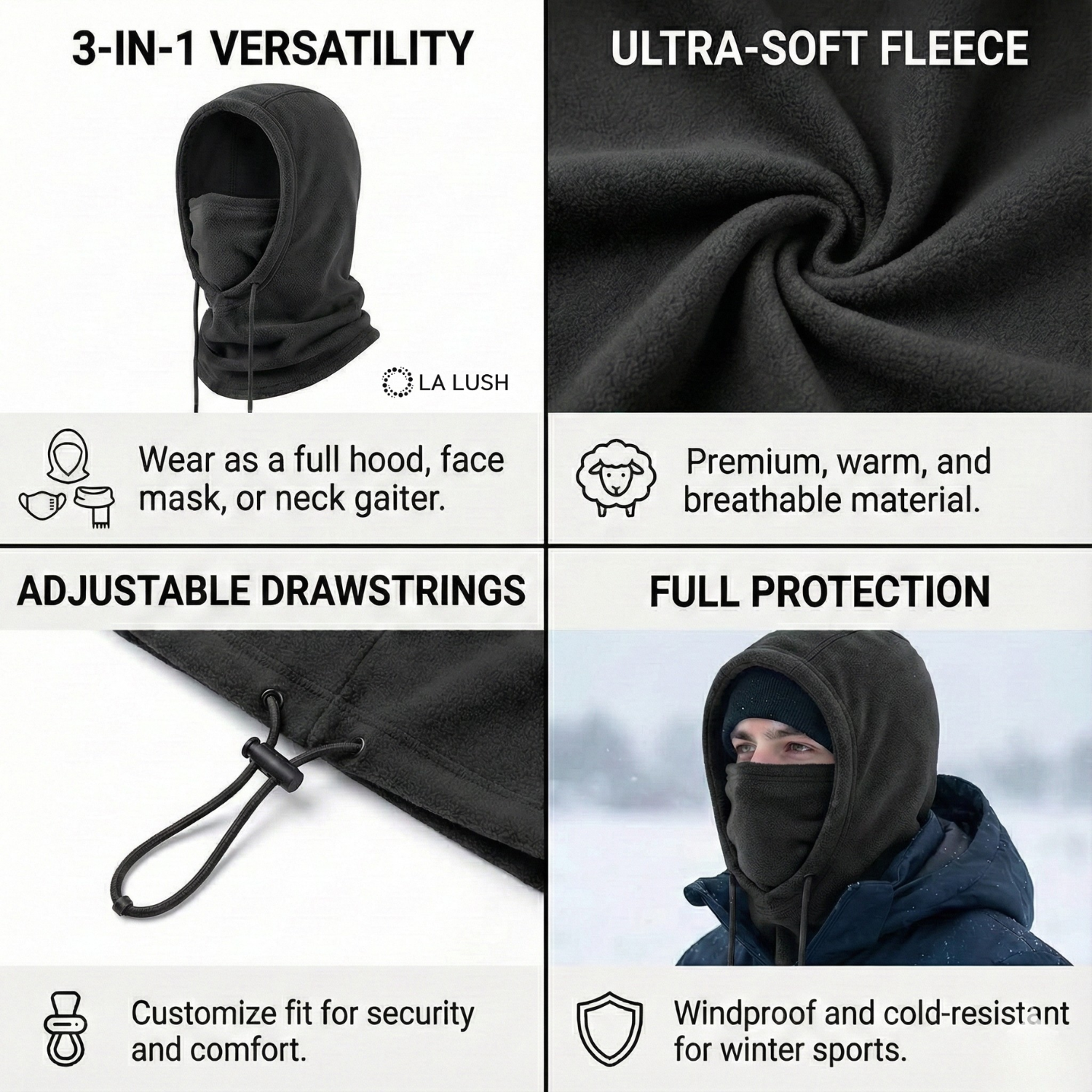 LA LUSH 3-in-1 Balaclava Winter Mask – Windproof Hat & Scarf for Men & Women - Image 5